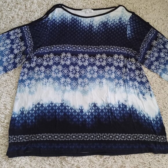 Rose + Olive Women’s 3X Blue White Boho Floral Ombre Top Cold Shoulder Blouse - Picture 1 of 6